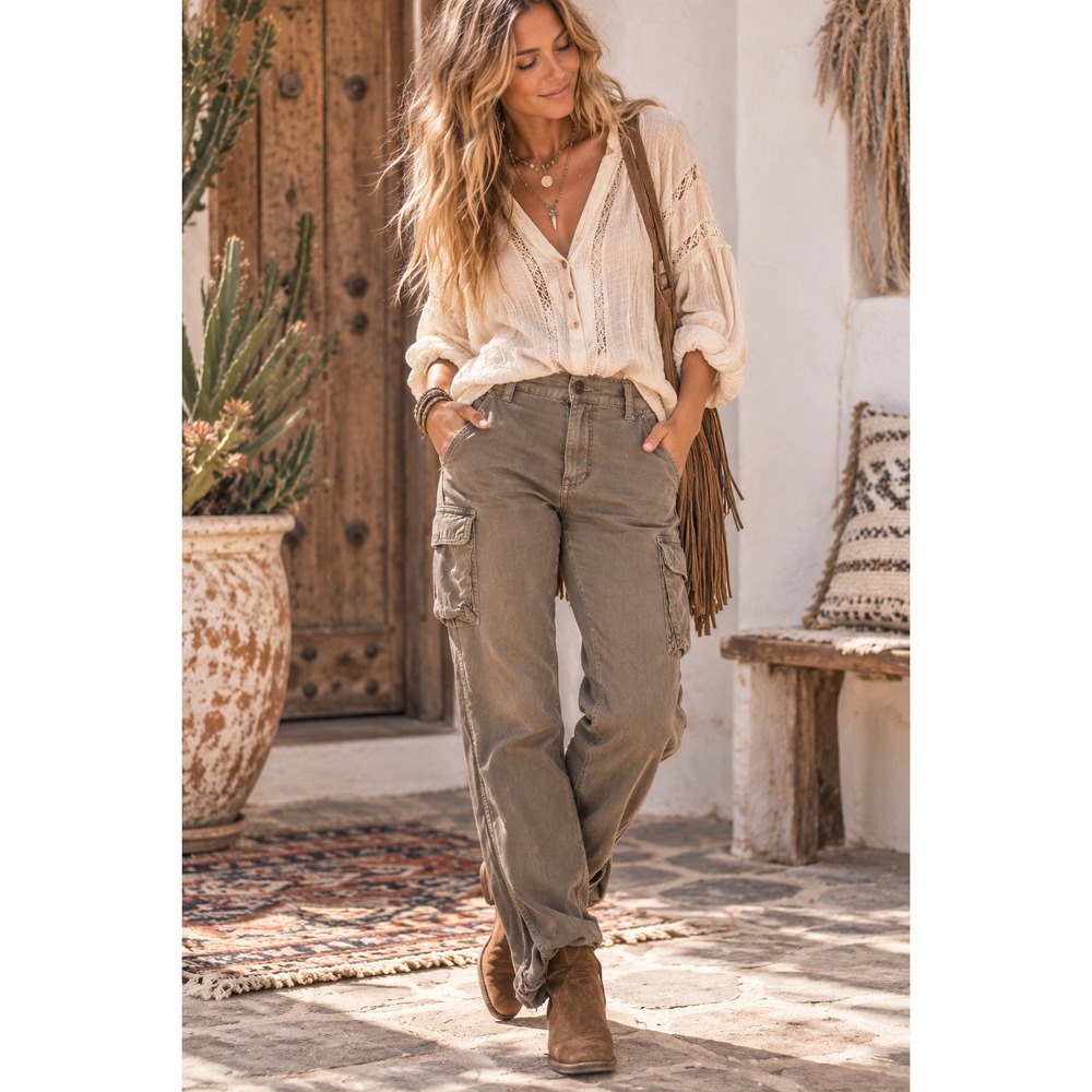 Level 99 Women Cargo Pants Khaki Olive Linen Blend Utility Straight Leg Size 28